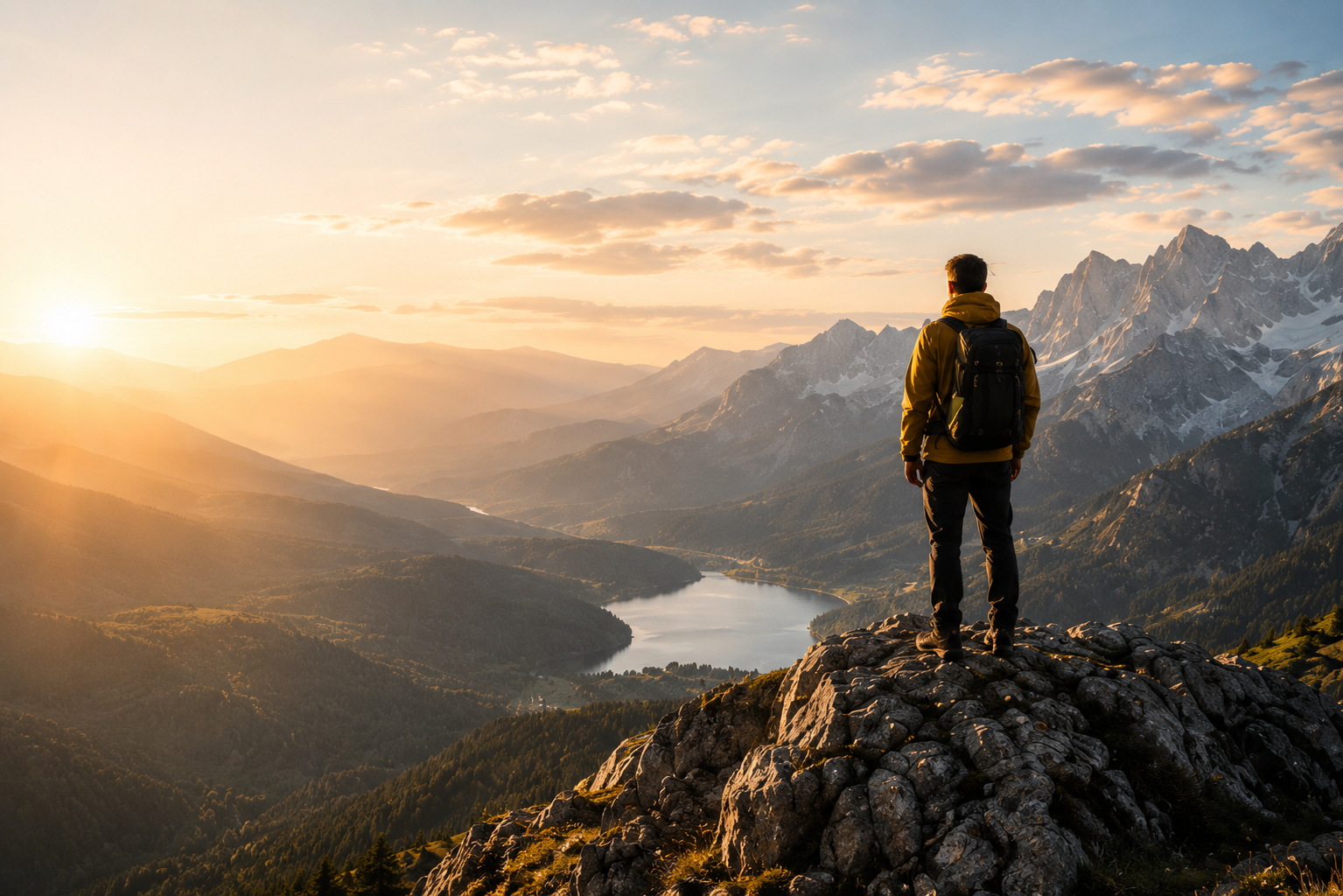 Hiker looking across a sunlit alpine valley